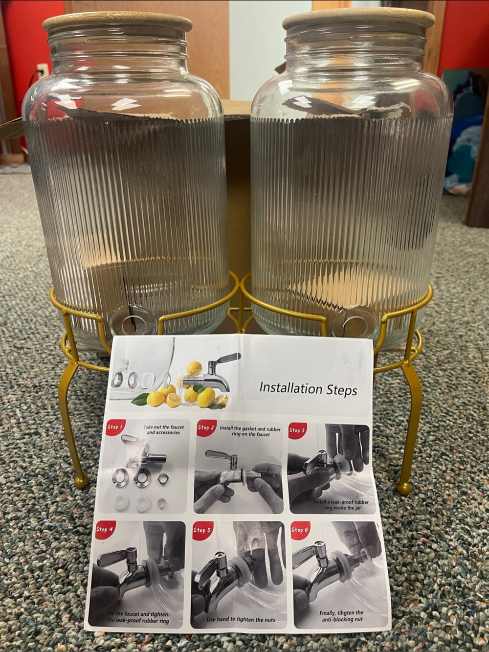 Double Glass Jar Beverage Dispenser with Gold Metal Stand
